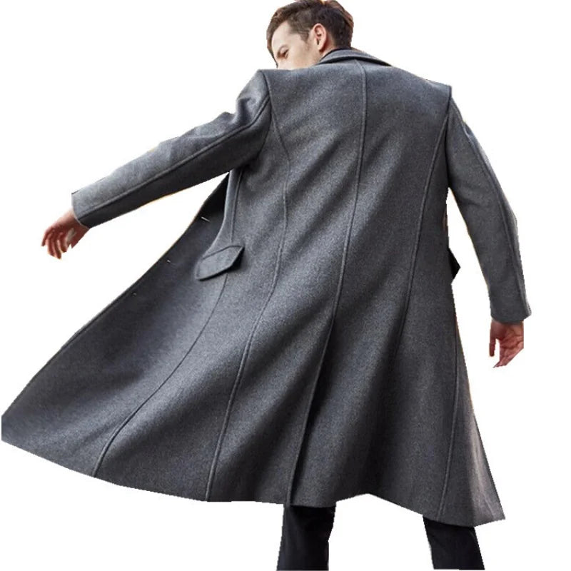 New British Men Long Trench Coat Woolen Coat Men's Woolen Coat