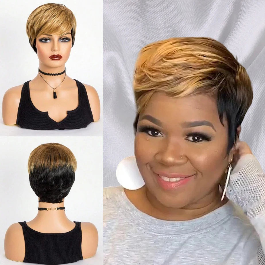 Non-lace-wig Full short wavy pixie cut Synthetic Wig/bang ,color Burgundy 99J/ natural black