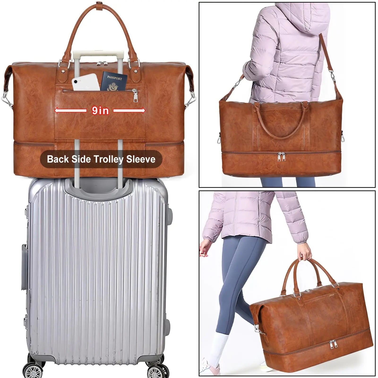 Women's Travel Bag, Large Women's Travel Luggage with Shoe Compartment, Carry-on Airplane Bag Men's Leather Travel Set 3 Pieces