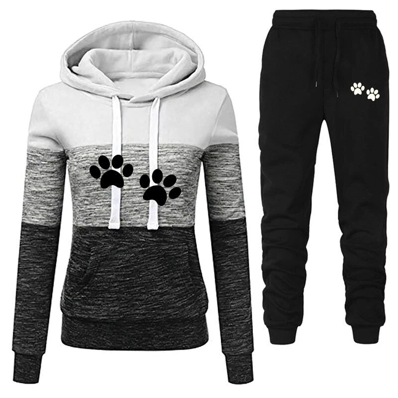 Cat Paw Printed Women Tracksuit Patchwork Hoodies and Pants 2 Piece Set  Long Sleeve Autumn Female Outfits Jogging Sport Suit