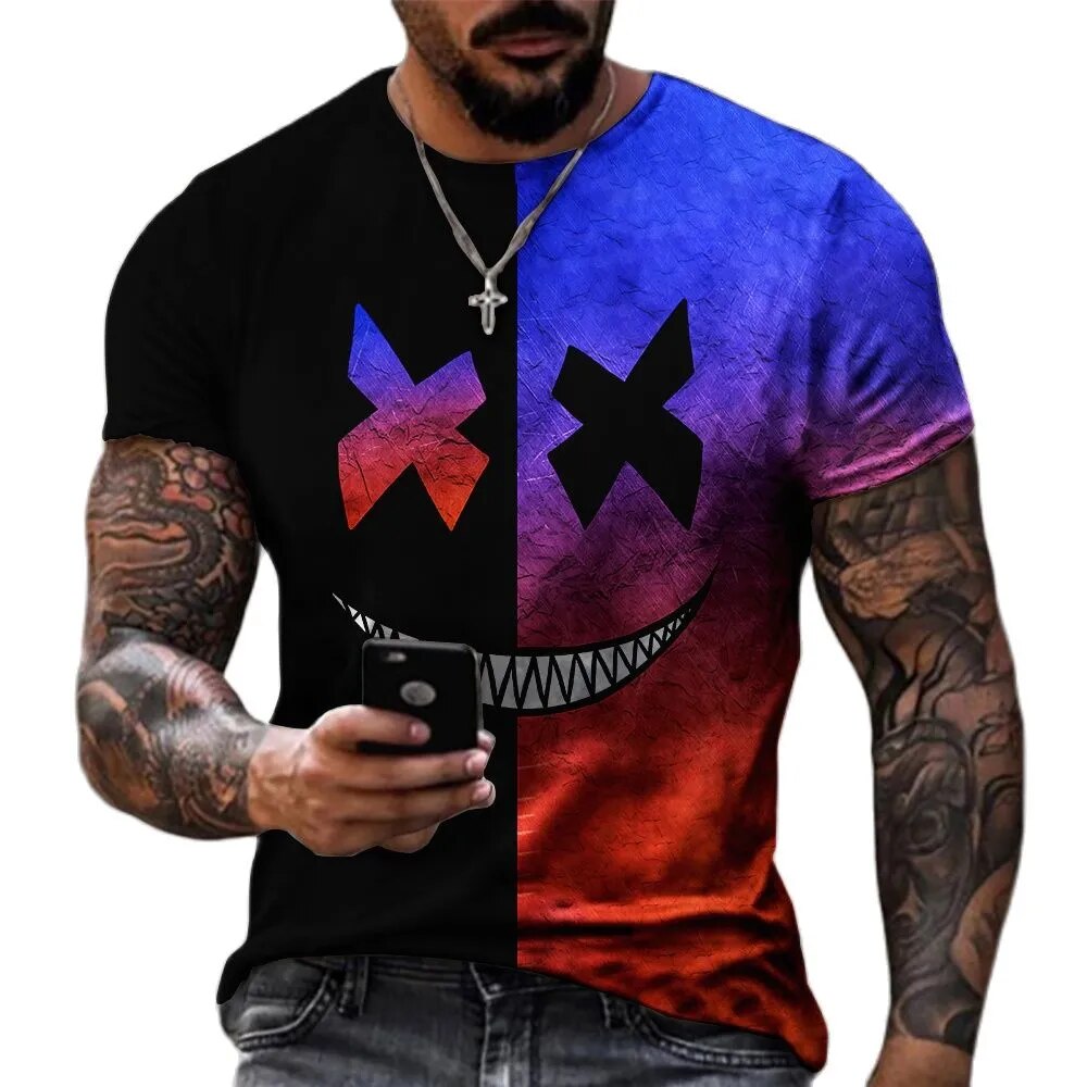 Funny XOXO Smiling Face Graphic 3D Printed Men's T-shirts Street Fashion Casual Sports Shirt Male O-Neck Oversized T-Shirt Tops