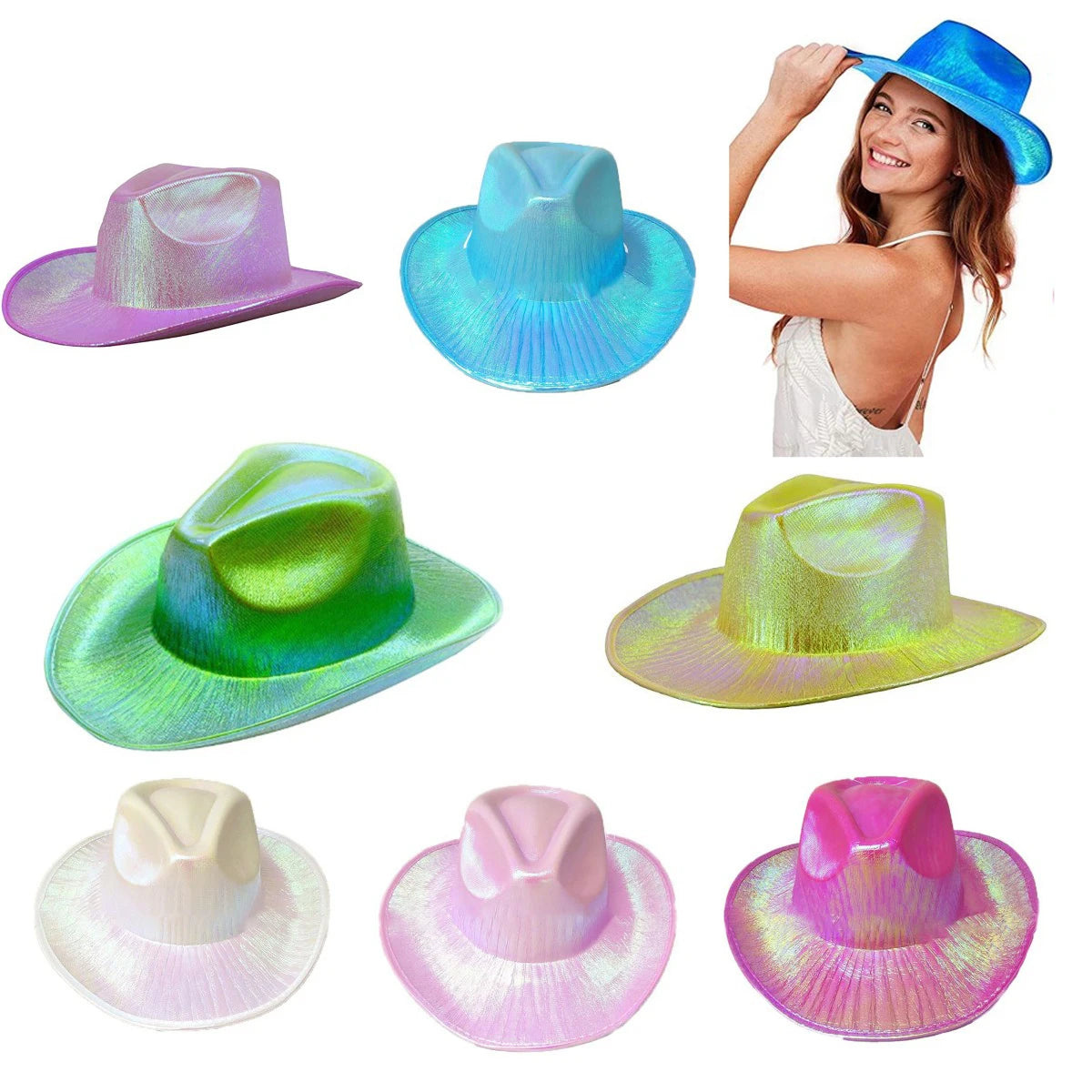 1PCS Women Wide Brim Caps Western Cowboy Hat Pearlescent Blinking Lights Cowgirl Hat For Party Holiday Costume