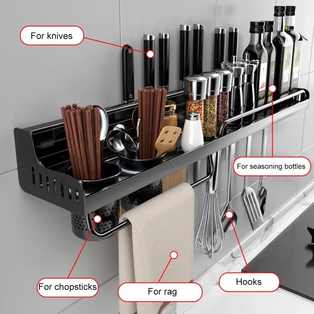 Kitchen Wall-mounted Spice Racks Multifunctional Storage Rack Punch-free Knife Holder Spoon Hanging Rack for Spice Organizer