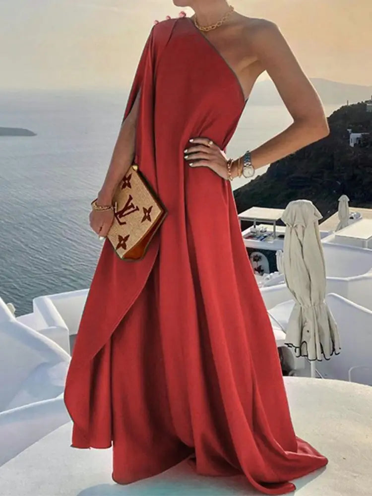 Boho Long Dress Elegant One Shoulder Loose Party Dress Women Sexy Off Shoulder Summer Fashion Button Solid Beach Maxi Dress