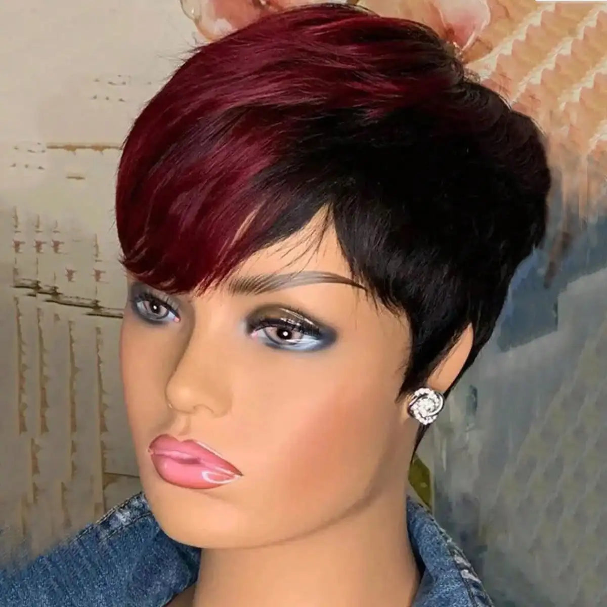 Non-lace-wig Full short wavy pixie cut Synthetic Wig/bang ,color Burgundy 99J/ natural black