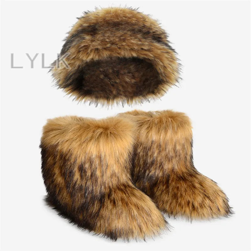 Winter Women's Warm Fur Boots Woman Fluffy Faux Fur Fisherman Hat Set Ladies Plush Snow Boots Outside Female Furry Black Shoes