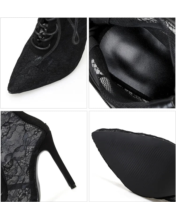 New Black Mature Mesh Women Boots High Heel Pumps Floral Lace-Up Thin High Heels Ankle Pointed Toed Party Wedding Shoes