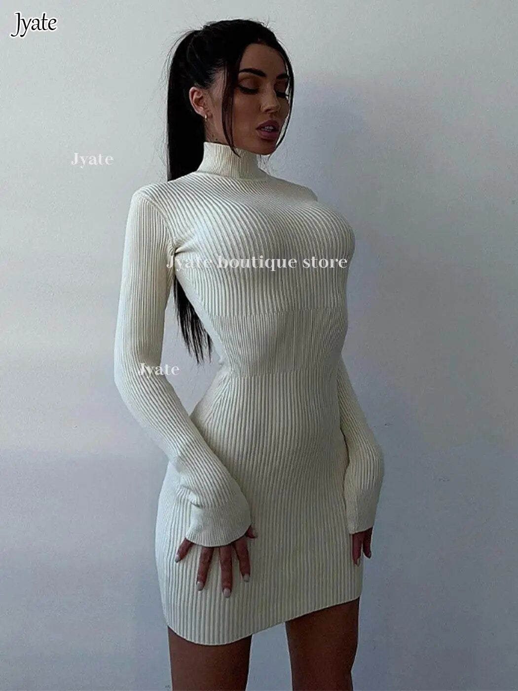 Women's Fall Long Sleeve Mini Knitted Dress 2023 New Solid Color Half Neck Fashion Rib Knit Hollow Out Sexy Tight Vestido