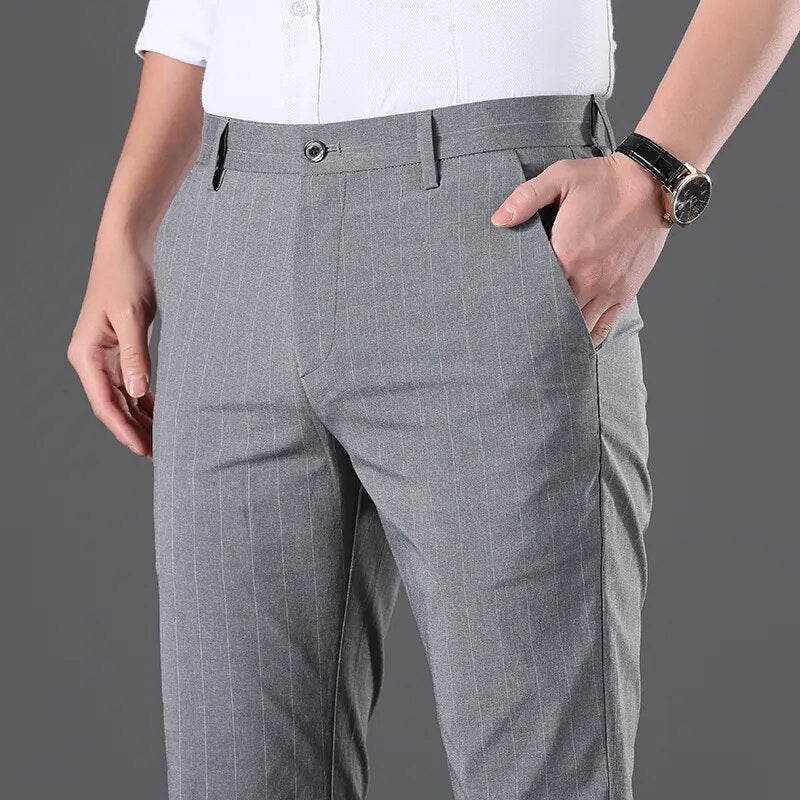 Men Business High-quality Casual Elegant Pants Cotton Soft Loose Stripe  Trousers Suit Slacks Elasticity