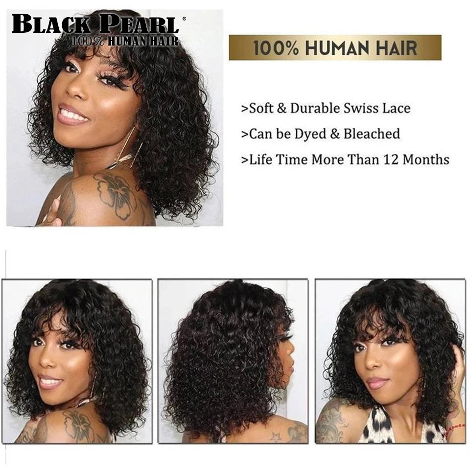 Black Pearl Jerry Curly Wig With Bangs Human Hair Glueless Wigs Short Pixie Bob Cut Human Hair Wigs With Bangs Highlight Bob Wig