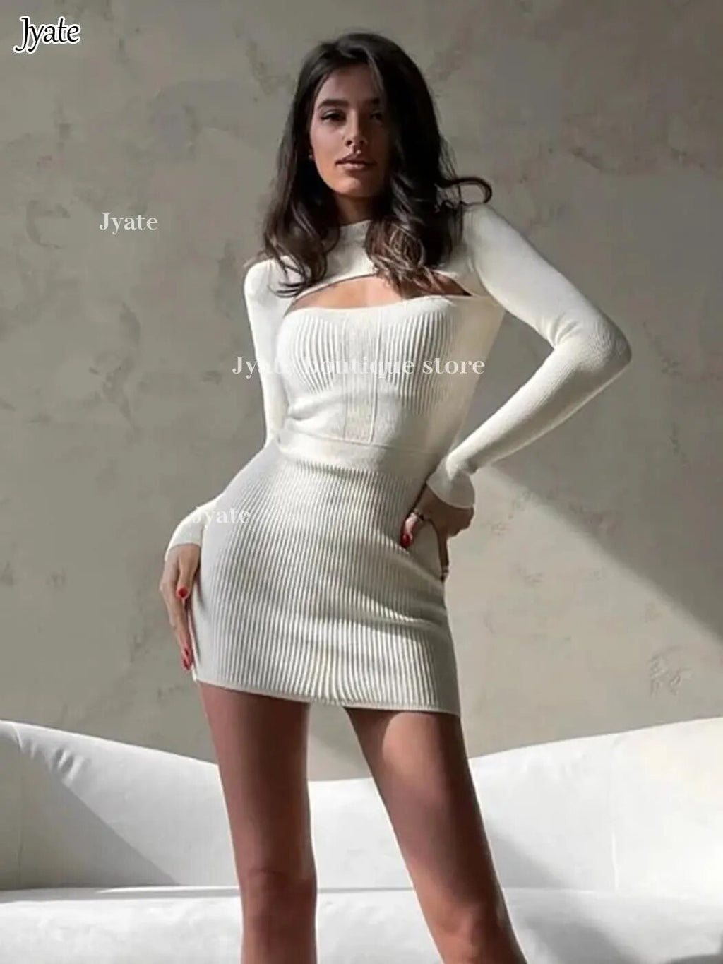 Women's Fall Long Sleeve Mini Knitted Dress 2023 New Solid Color Half Neck Fashion Rib Knit Hollow Out Sexy Tight Vestido