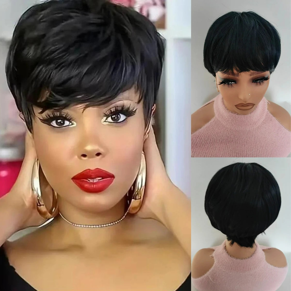 Non-lace-wig Full short wavy pixie cut Synthetic Wig/bang ,color Burgundy 99J/ natural black