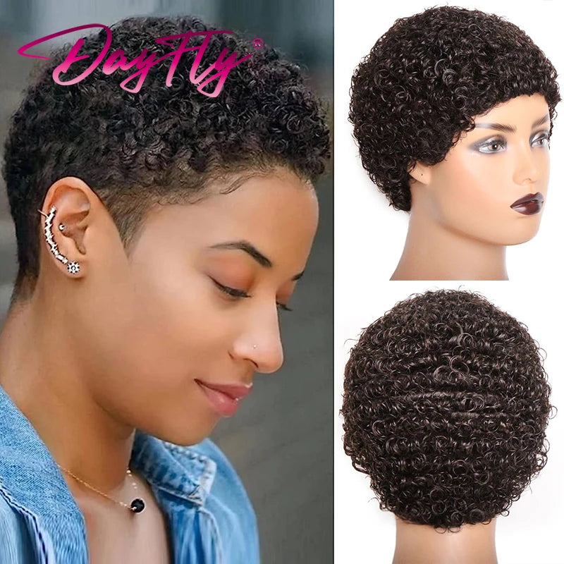 Short Afro Kinky Curly Hair Wigs For Black Women Human Hair African Fluffy Wig With Bangs Brazilian Pixie Cut Hair Wig Glueless