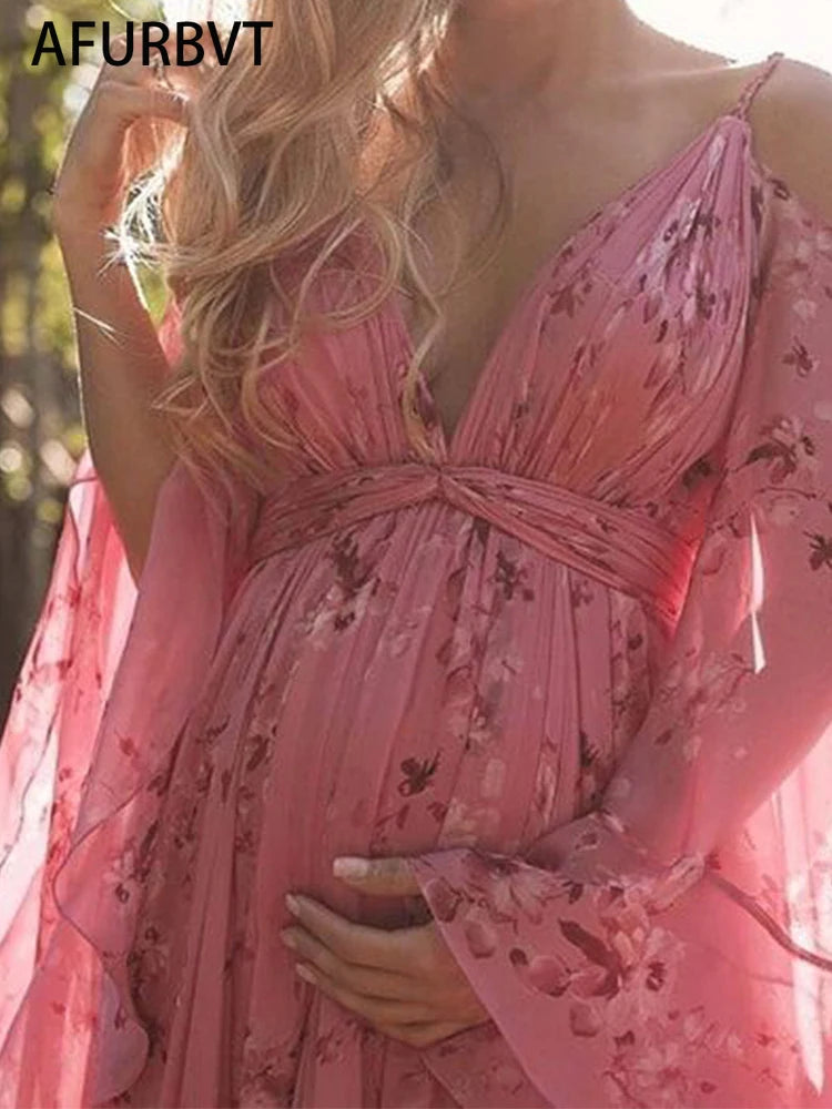 Summer Print Boho Maternity Long Dress for Photo Shoot Bohemian Maternity Photography Body-con Dress V-neck Pink