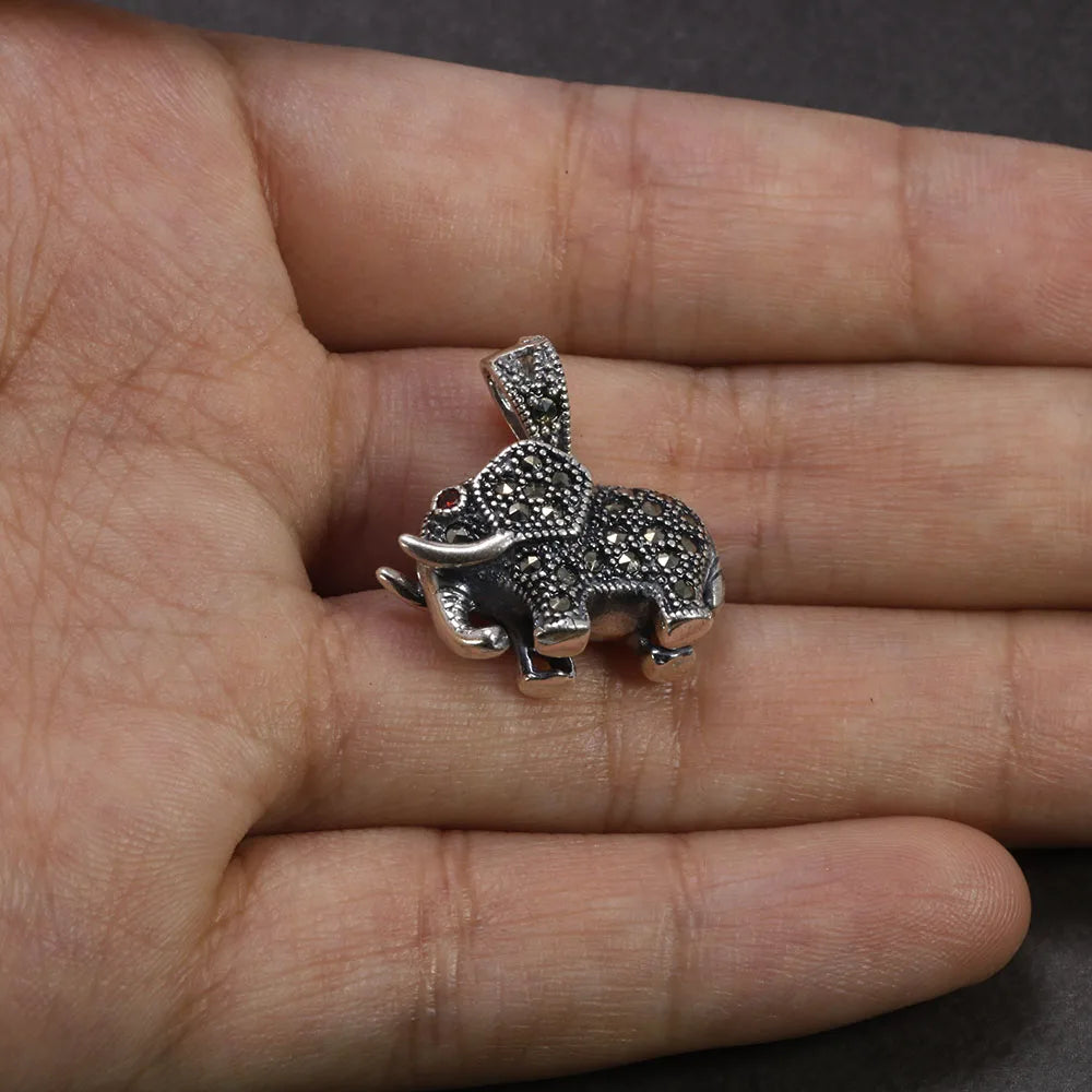 Real 925 Sterling Silver Jewelry Vintage Elephant Pendant Inlaid Retro Thai Silver Marcasite For Women Colgantes De Plata 925