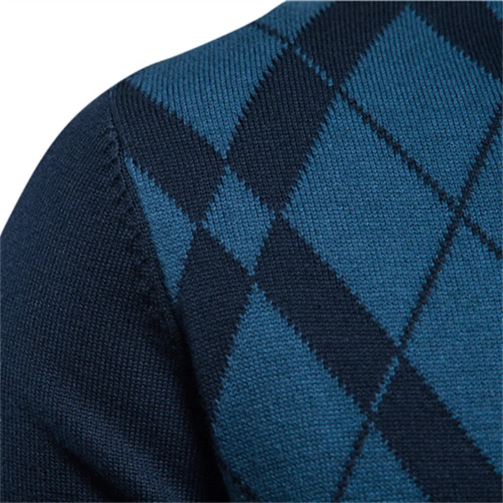 AIOPESON Argyle Men Sweaters Cotton Mock Neck Zipper Patchwork Pullover Men Winter High Quality Fashion Warm Sweaters for Men