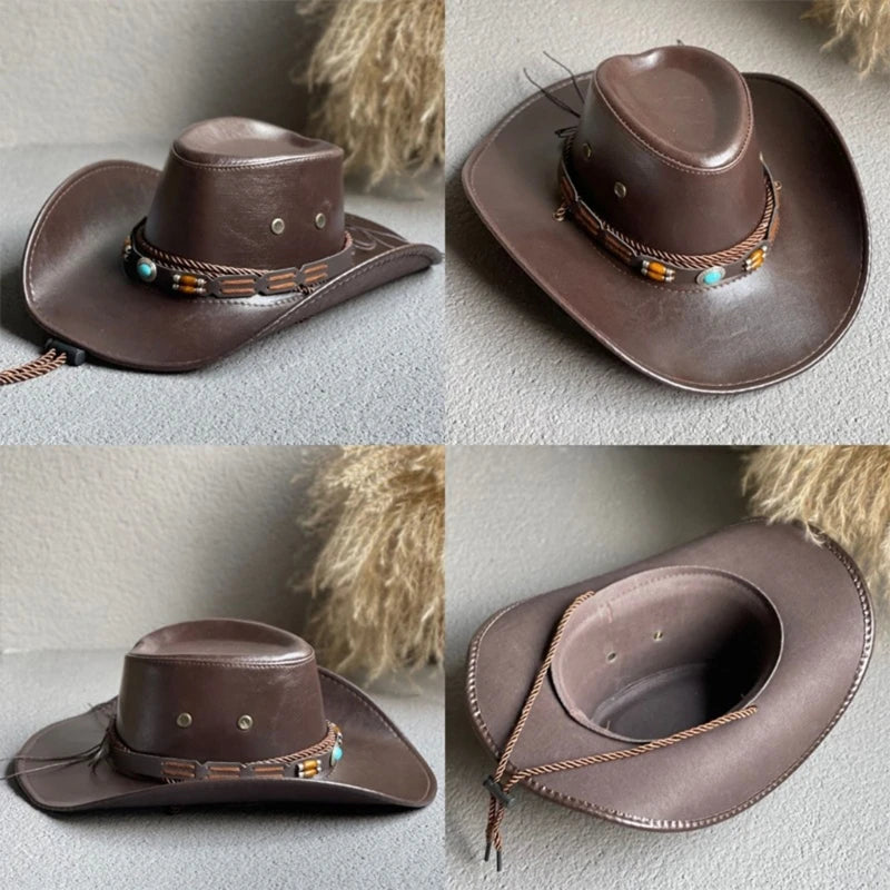 Wide Brim Fedora Cap Cowboy Hat Ethnic Style Magician Hat with Belt Adult Women Men Cosplay Costume Halloween Accessory