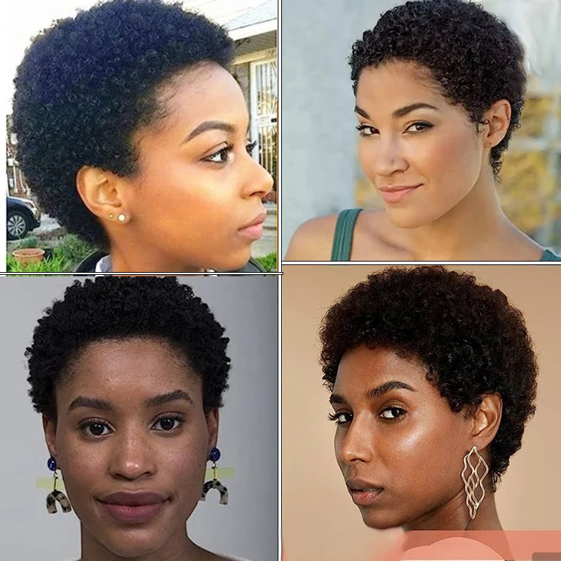 Short Afro Kinky Curly Hair Wigs For Black Women Human Hair African Fluffy Wig With Bangs Brazilian Pixie Cut Hair Wig Glueless