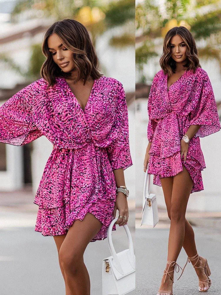 Women's Sexy V Neck Bat Sleeve Mini Dress Boho Floral Print High Waist Elegant Women Ruffle Office Party Dresses Robe