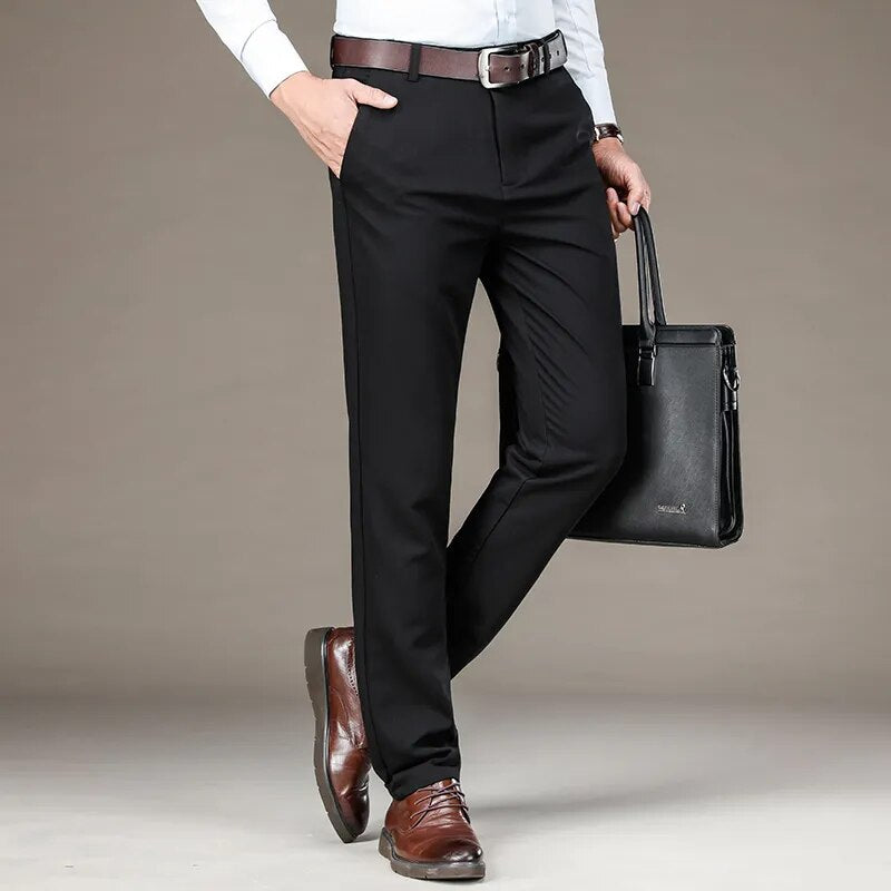 Mens Business Casual Pants Solid Thin Slim Fit Elastic Waist Slacks Male Vintage Streetwear Straight Trousers Suit Elegant