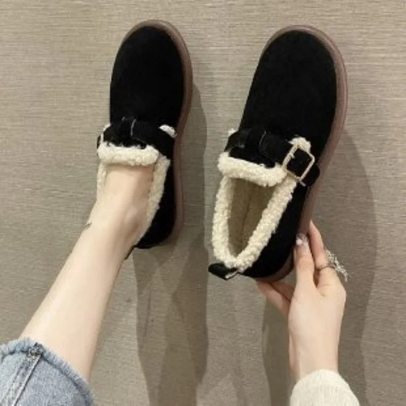 Women's Warm Thicken Plush Snow Boots Female Winter New Faux Suede Platform Cotton Slippers Woman Flat Cotton Padded Fluffy Shoe