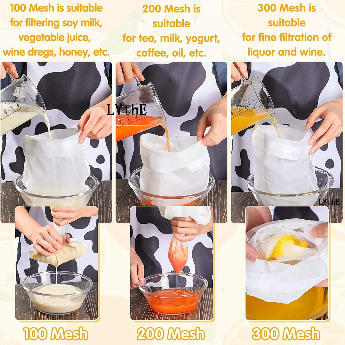 100/300/500 Mesh Fine Strainer Reusable Nut Milk Bags Kitchen Food Nylon Filter for Juices Cold Brew Tea Coffee Juice Strainers