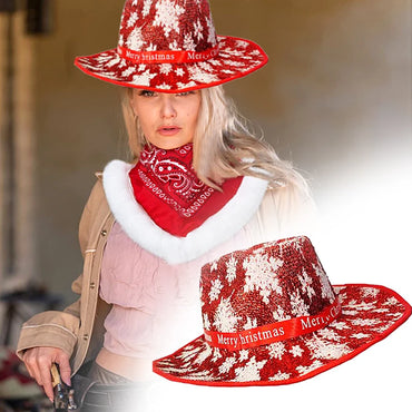 Christmas Feather Edge Cowboy Hat Wide Brim Snowflake Pattern Letter Ribbon Cowgirl Hat Party Accessories New High Quality