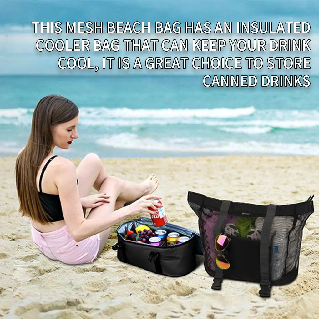 Beach Bag Mesh Tote Handbag with Insulated Cooler Bag Summer Vacation Beach Walking Handbag  Black