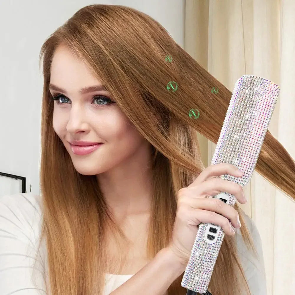Rhinestone Flat Iron Titanium Hair Straightener Dual Voltage Iron Professional Hair Tools LCD Display 2 Inch Plate Irons