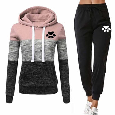 Cat Paw Printed Women Tracksuit Patchwork Hoodies and Pants 2 Piece Set  Long Sleeve Autumn Female Outfits Jogging Sport Suit