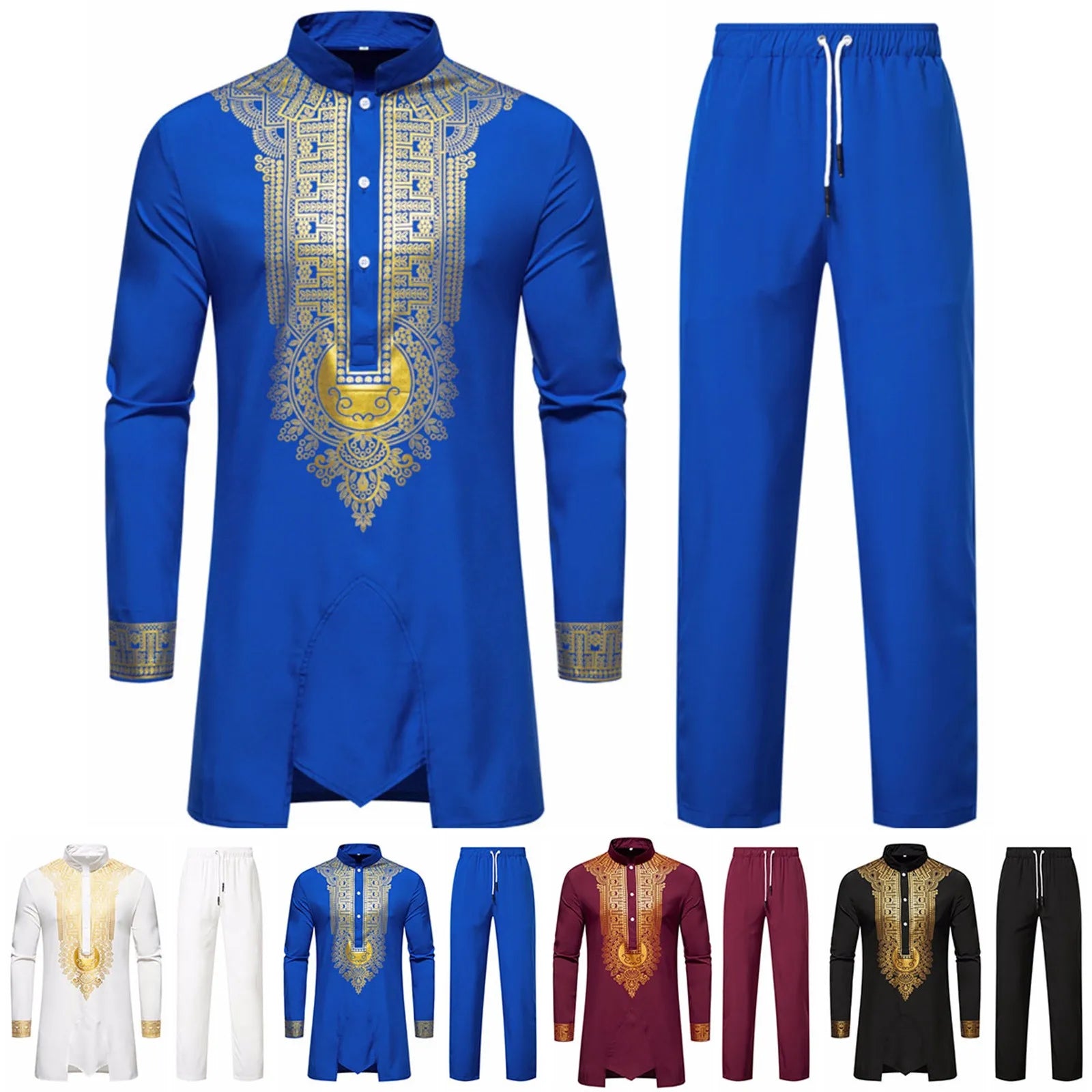 Luxury African Two-Piece Set Islamic Arabic Abaya Robe  Ethnic Print Stand Collar Youth Mid-length Coat Muslim Men Clothing