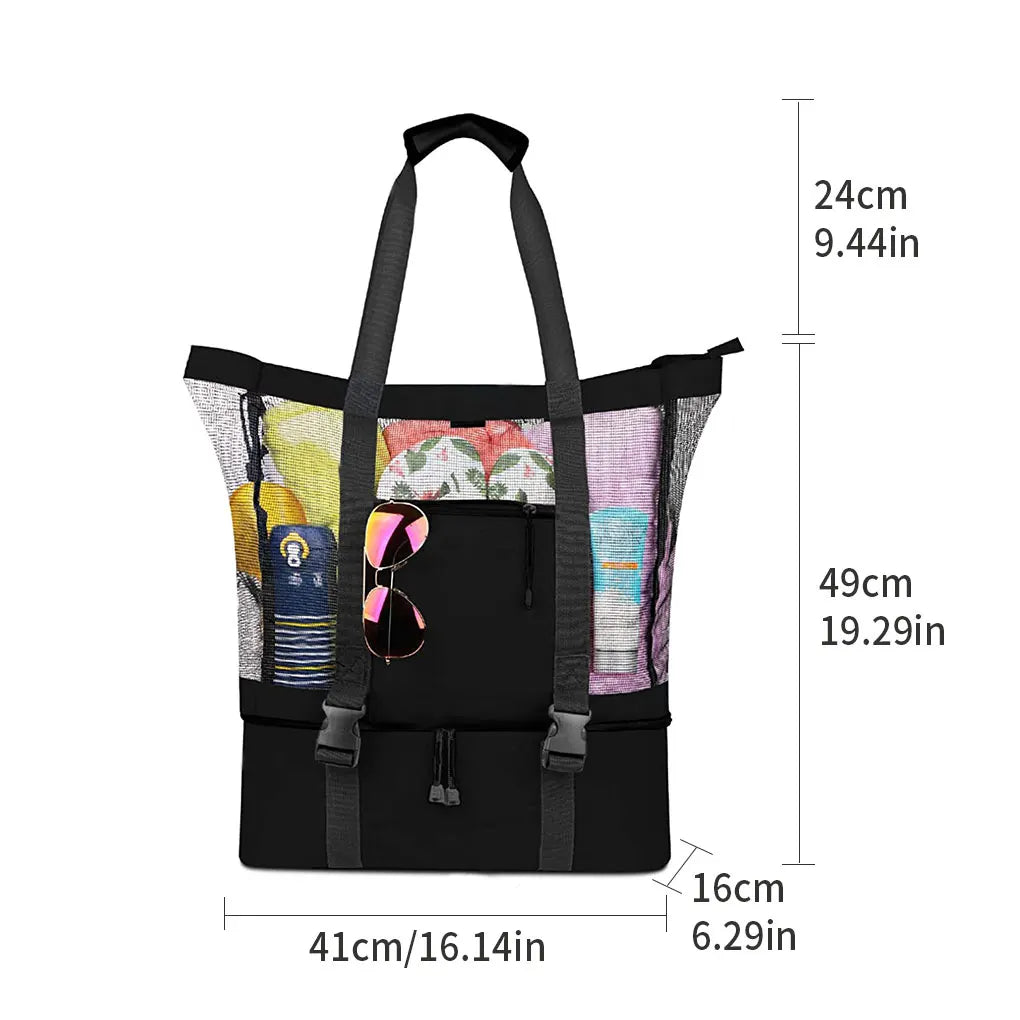 Beach Bag Mesh Tote Handbag with Insulated Cooler Bag Summer Vacation Beach Walking Handbag  Black