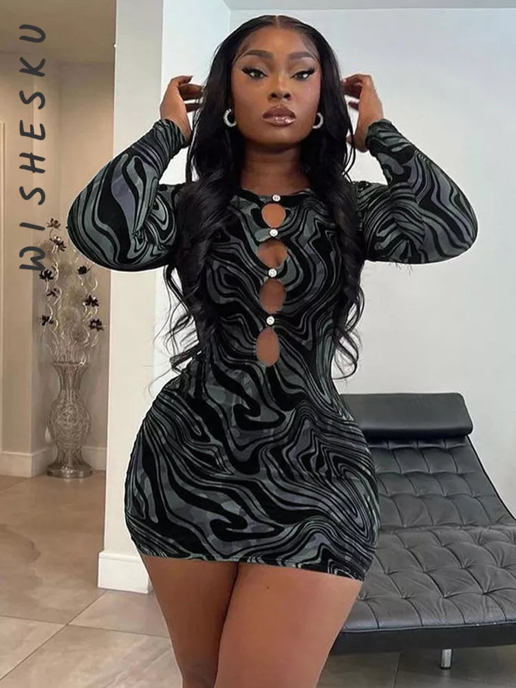 Sexy Swirl Print Mesh Cut Out Bodycon Mini Dress Women Long Sleeve Casual Slim Fit Robe 2022 Spring Fall Party Club Clothes