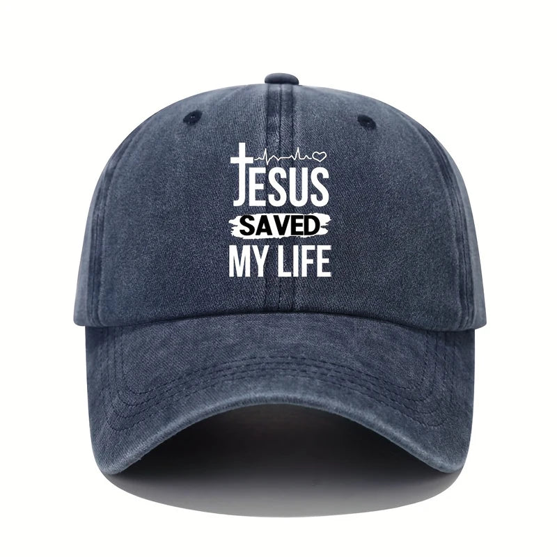 Men's baseball cap. Jesus saved my life. Adjustable print. Retro washed. Aged design. Multiple colors available. Curved brim