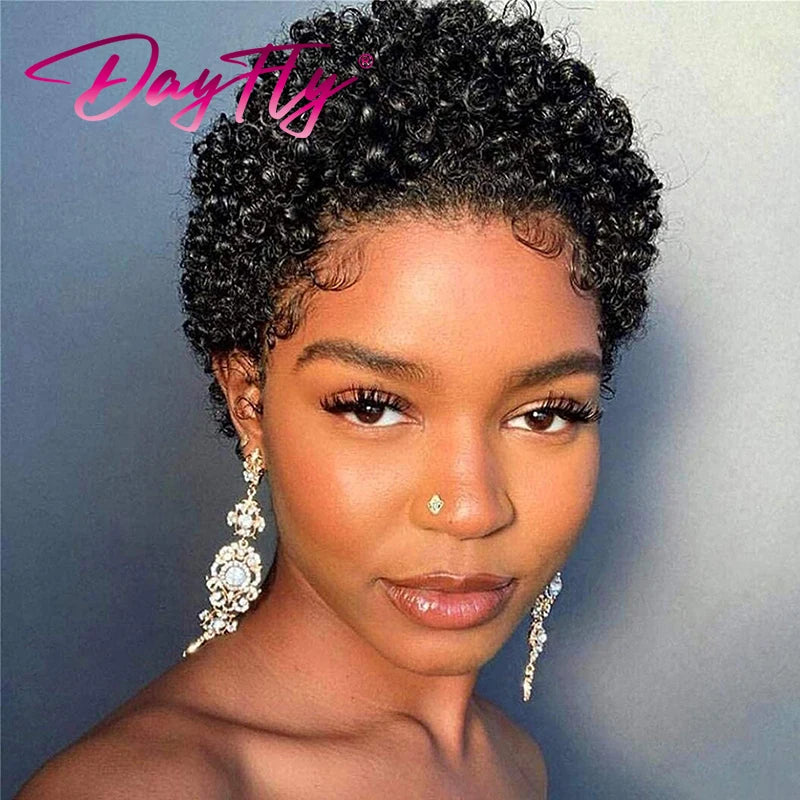 Short Afro Kinky Curly Hair Wigs For Black Women Human Hair African Fluffy Wig With Bangs Brazilian Pixie Cut Hair Wig Glueless