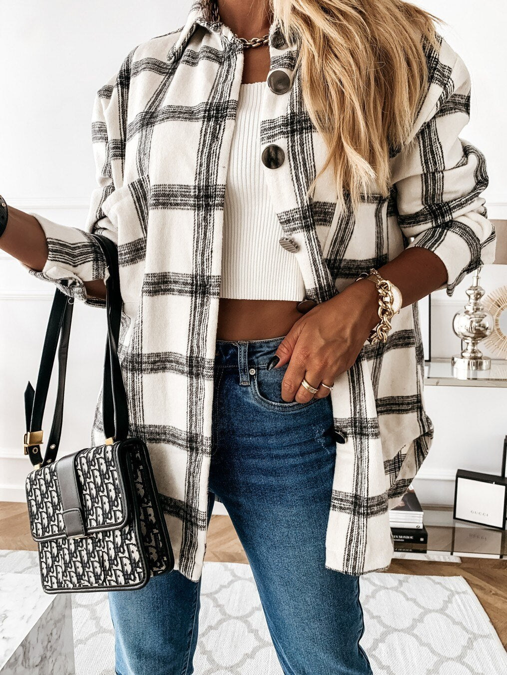 Oversized Women's Plaid Shirt Jackets Plush Long Sleeve Ladies Tops Outwear 2021 Autumn Winter Loose Women Coats