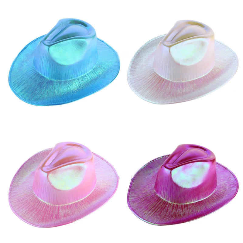 1PCS Women Wide Brim Caps Western Cowboy Hat Pearlescent Blinking Lights Cowgirl Hat For Party Holiday Costume