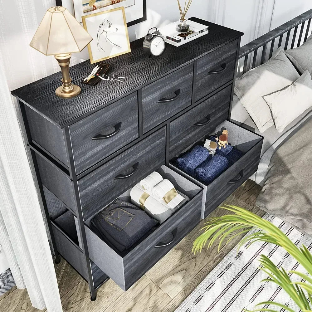 Dresser with 9 Drawers  for Bedroom- Fabric Storage Tower, Organizer Unit Sturdy Steel Frame, Wooden Top & Easy Pull Fabric Bins