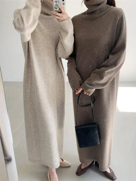 Thick Winter Women'S Dress 2021 Fall Sweater Women Dress Long Sleeve  Knitted Dresses Maxi Vintage Oversize Dresses Knitting