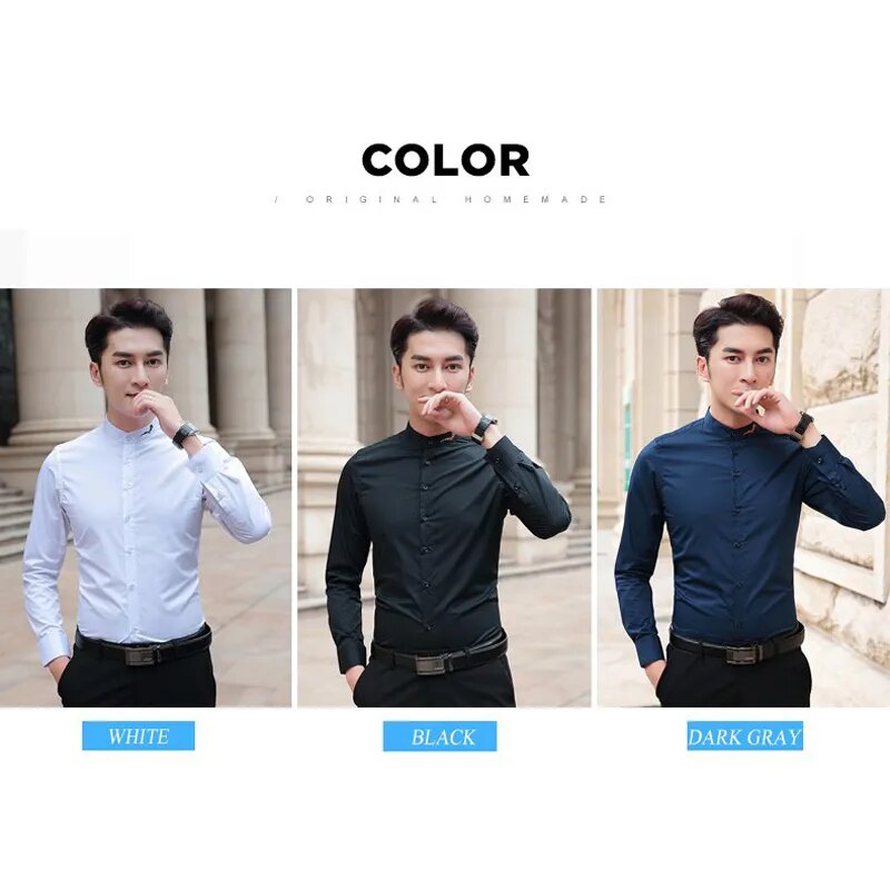 BROWON 2023 New Men Shirts Man Long Sleeve Solid Color Stand Collar Sold Color Male Big Size Casual Shirts Business