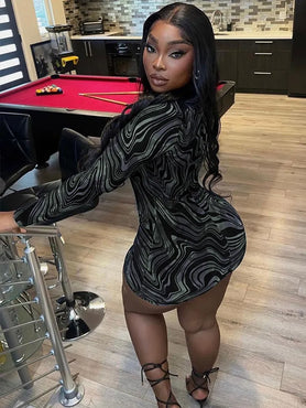 Sexy Swirl Print Mesh Cut Out Bodycon Mini Dress Women Long Sleeve Casual Slim Fit Robe 2022 Spring Fall Party Club Clothes