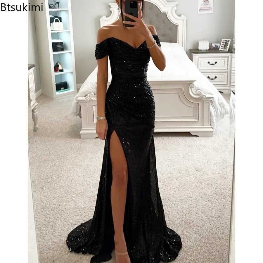 Women's Luxury High Split Club Party Evening Dress Sexy Banquet Slim Waisted Female Dress Elegant V-Neck Slim Long Dress