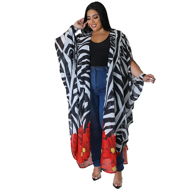 Summer Sexy African 3/4 Sleeve Polyester Printing Long Coat Trench Coat for Women African Clothing African Clothes for Women