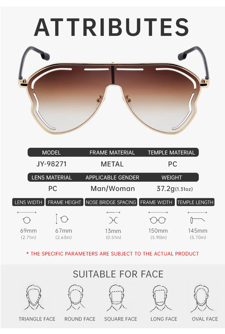 Oversized One-Piece Pilot Punk Sunglasses Women Big Frame 2025 Luxury Brand Hollow Sun Glasses For Ladies Shield Eyewear Shades