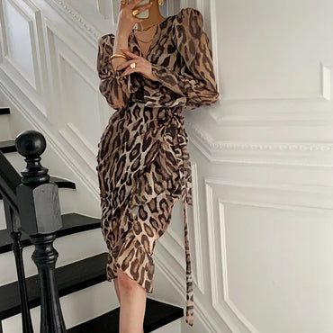 Light Mature Style Small Woman Sexy Leopard Print Lace Up Waist Show Thin Long Body Con Vintage