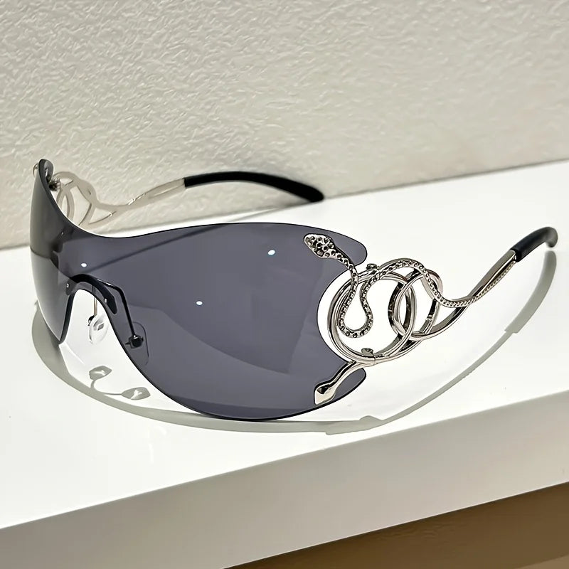 Y2K Style Sunglasses with Snake Pattern Decoration: Zinc Alloy Rimless Design, PC Lenses, Metal Hinges Perfect Street Fashion.