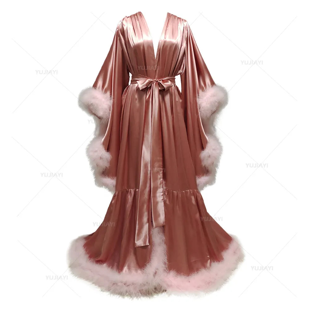 Bathrobe for Women Flare Sleeves Feather Bridal Robe Nightgown Silk Illusion Long Wedding Scarf Dressing Gown Photography Dress