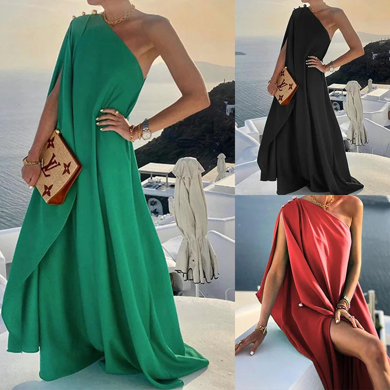 Boho Long Dress Elegant One Shoulder Loose Party Dress Women Sexy Off Shoulder Summer Fashion Button Solid Beach Maxi Dress