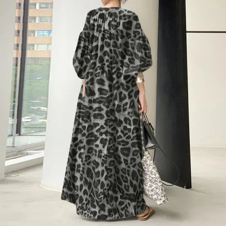 Spring Leopard Women's Long Dress Chaffion Lantern Sleeve Casual Dresses Female Spring Fashion Elegant Beach Ladies Clothes