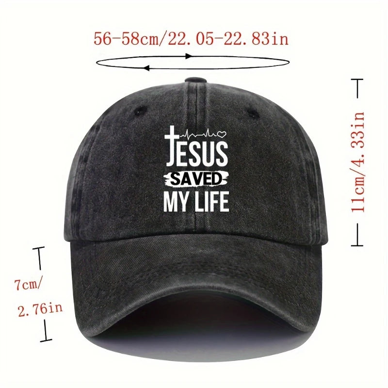Men's baseball cap. Jesus saved my life. Adjustable print. Retro washed. Aged design. Multiple colors available. Curved brim